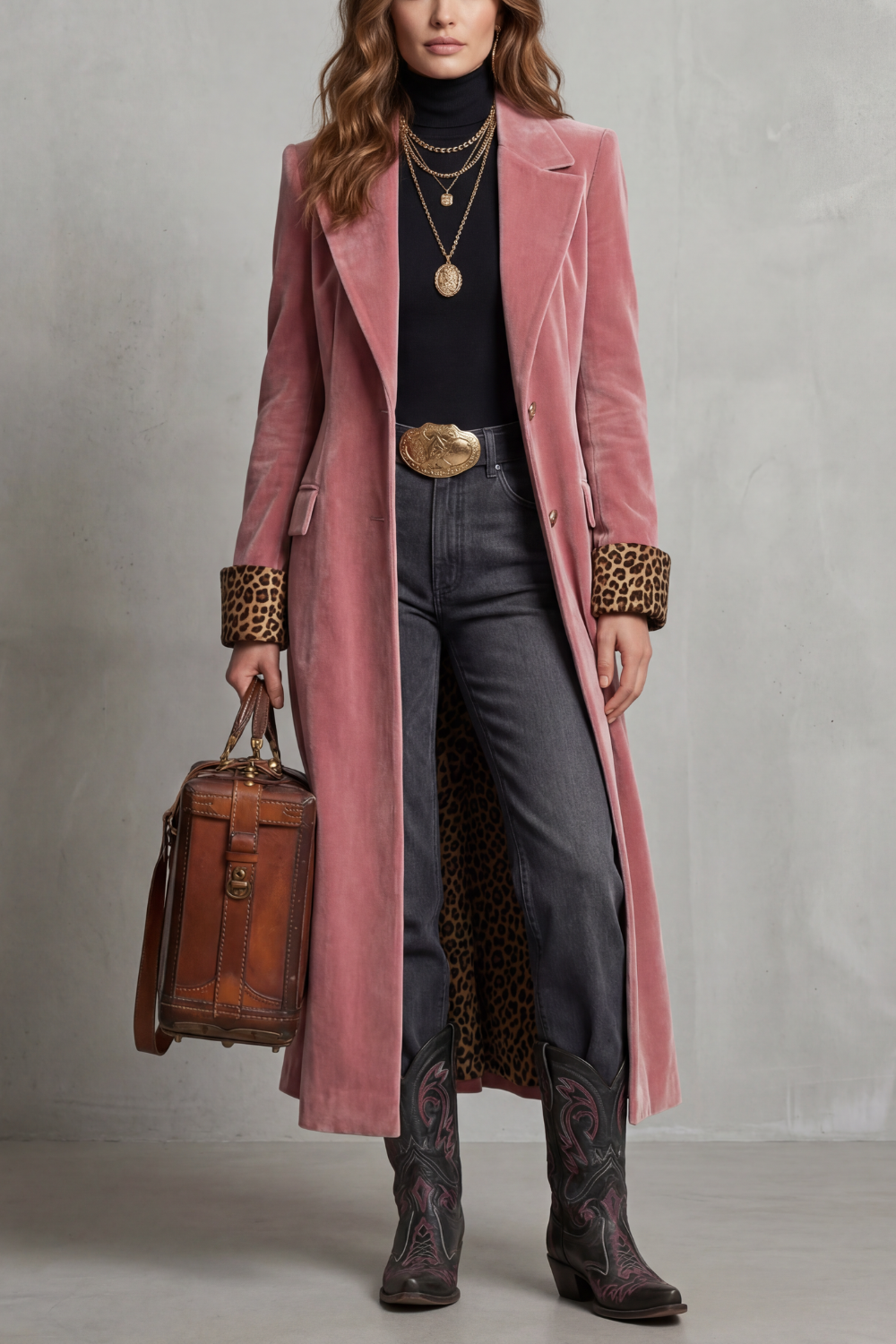Phoebe | Long Overcoat Velvet Leopard-Lined for Women in Pink