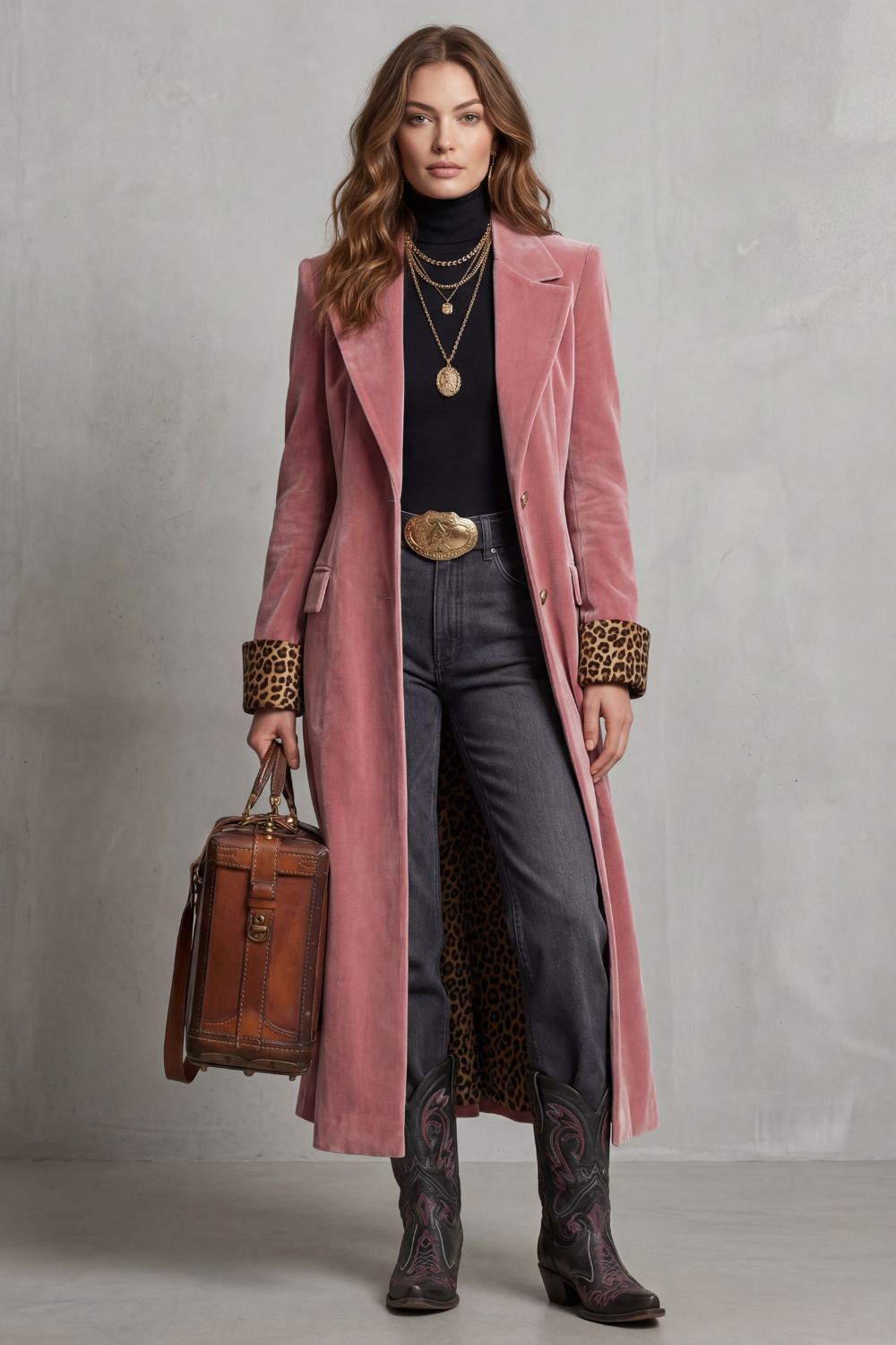 Phoebe | Long Overcoat Velvet Leopard-Lined for Women in Pink, another view