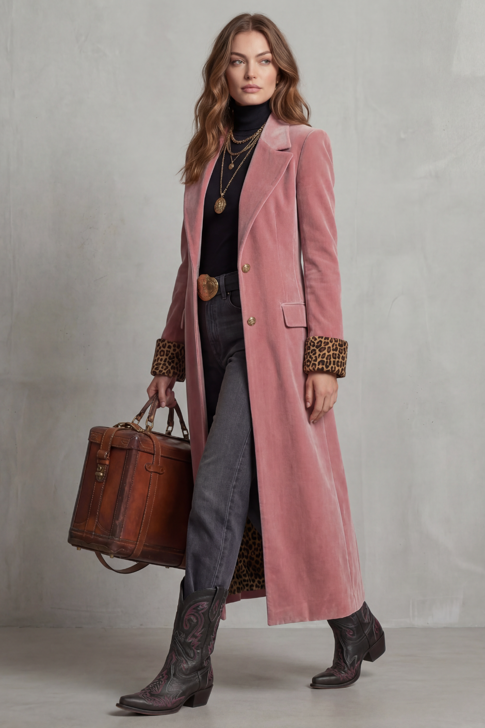 Phoebe | Long Overcoat Velvet Leopard-Lined for Women in Pink, another view