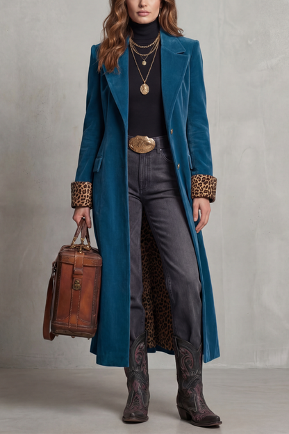 Phoebe | Long Overcoat Velvet Leopard-Lined for Women in Blue