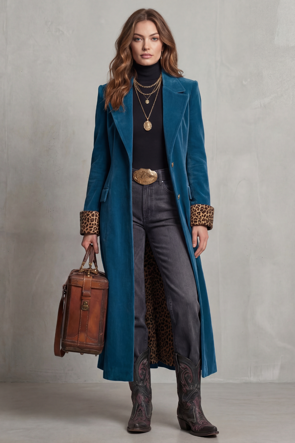 Phoebe | Long Overcoat Velvet Leopard-Lined for Women in Blue, another view