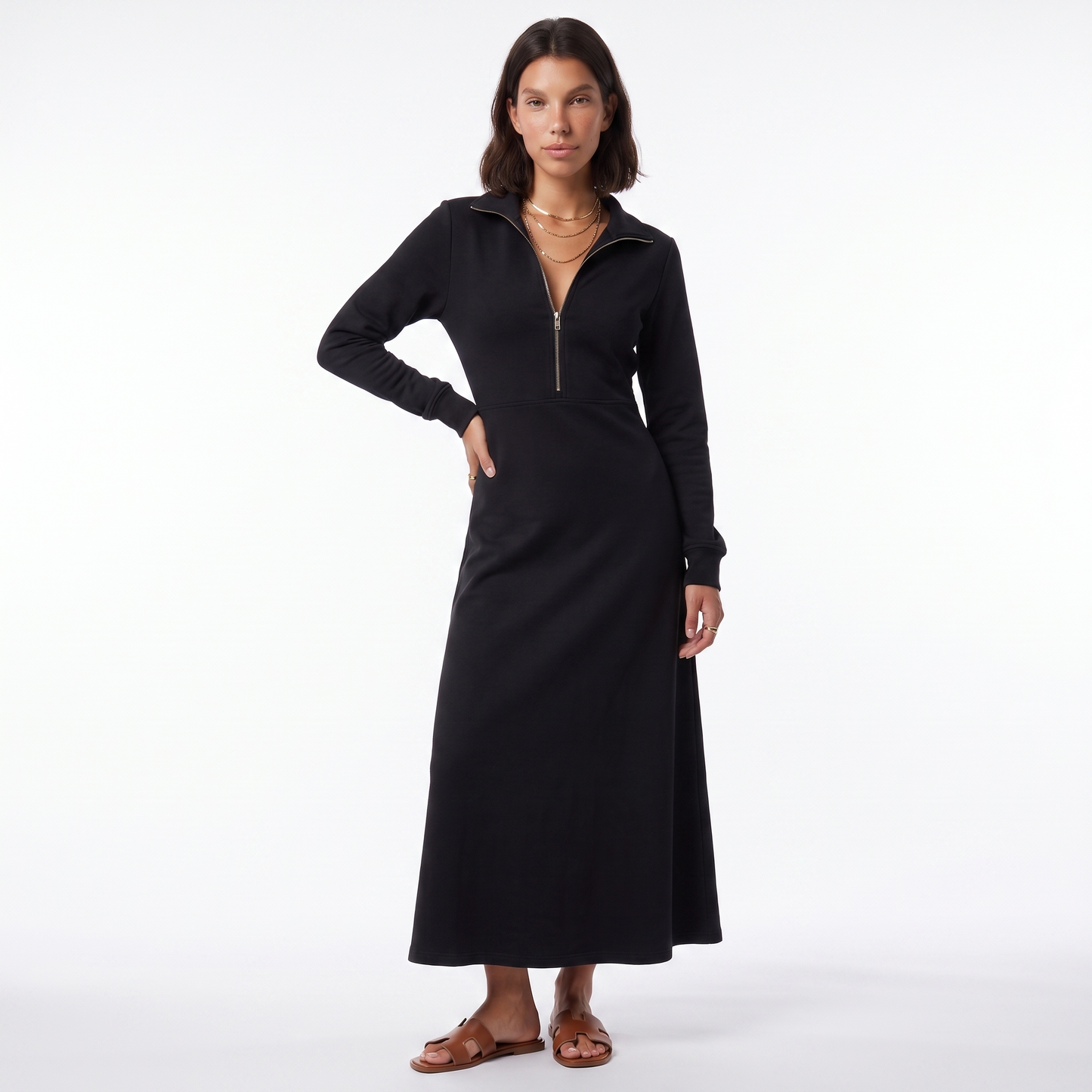 Sunoire long sleeve maxi dress with half zip and stand collar colorway black front hero 01