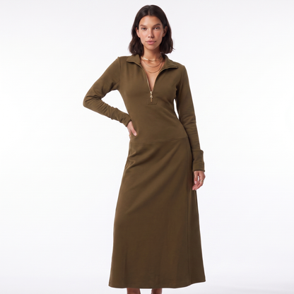 Sunoire long sleeve maxi dress with half zip and stand collar colorway brown front hero 01