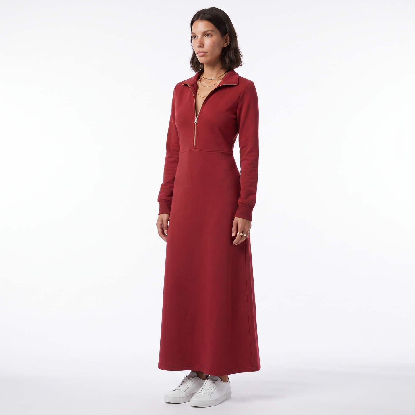 Sunoire long sleeve maxi dress with half zip and stand collar colorway red front hero 01