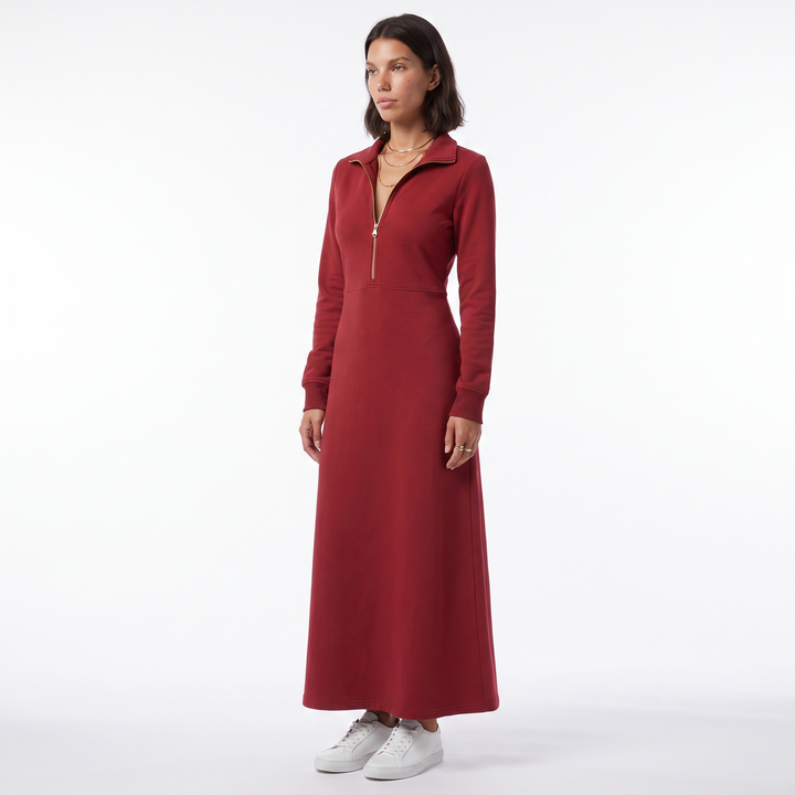 Women's Half-Zip Long Sleeve Maxi Dress – Light Pink Autumn Casual — Red