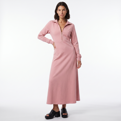 Sunoire long sleeve maxi dress with half zip and stand collar front hero 01
