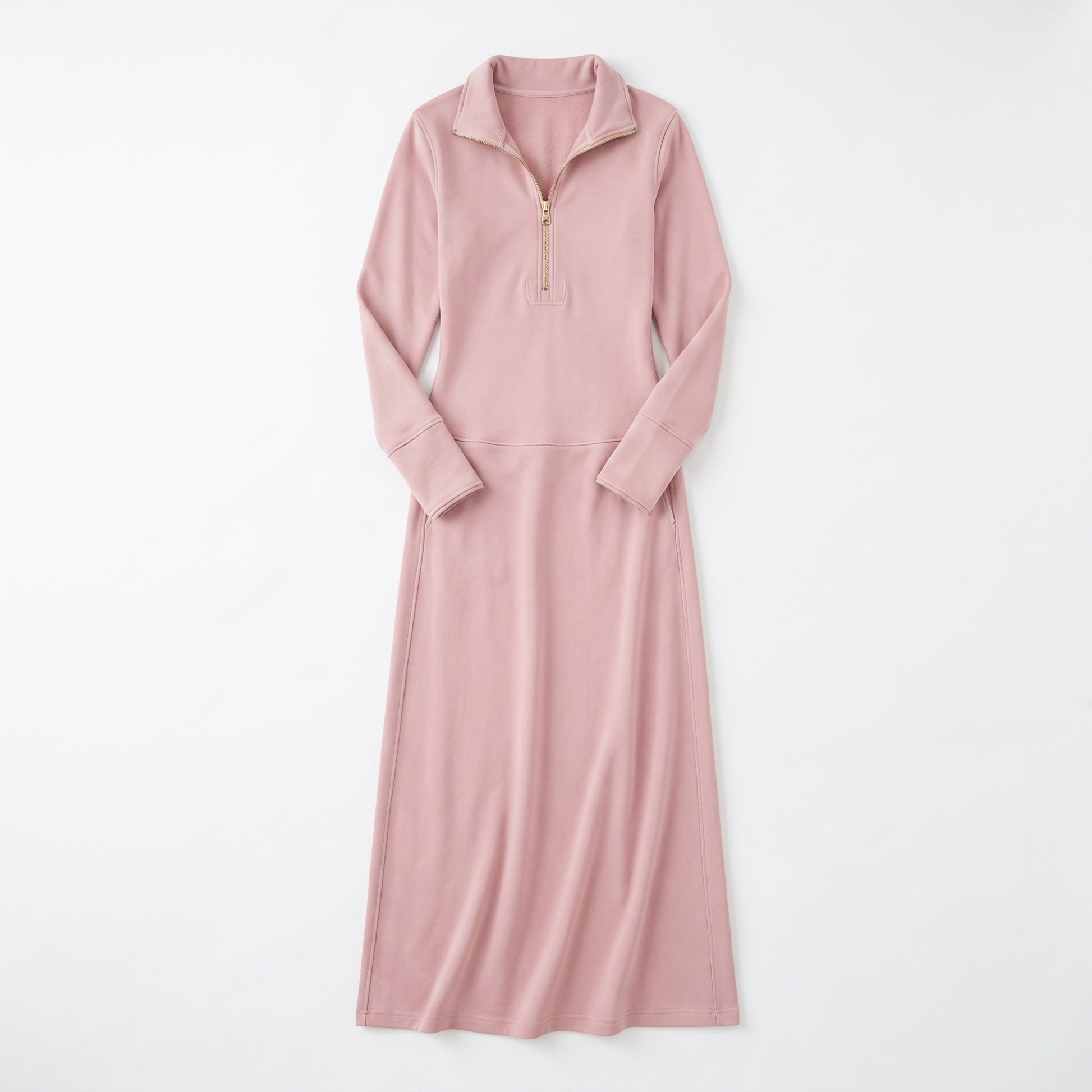 Sunoire long sleeve maxi dress with half zip and stand collar garment flatlay 01