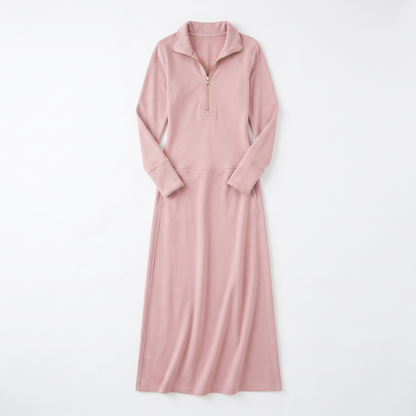Sunoire long sleeve maxi dress with half zip and stand collar garment flatlay 01
