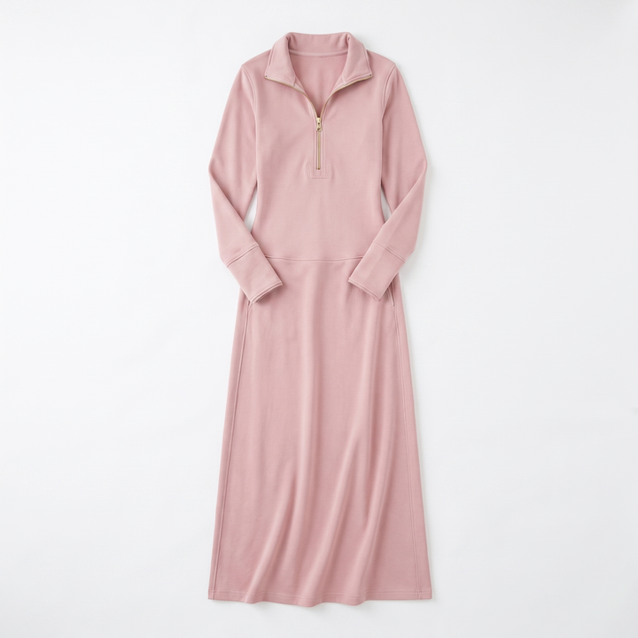 Sunoire long sleeve maxi dress with half zip and stand collar garment flatlay 01