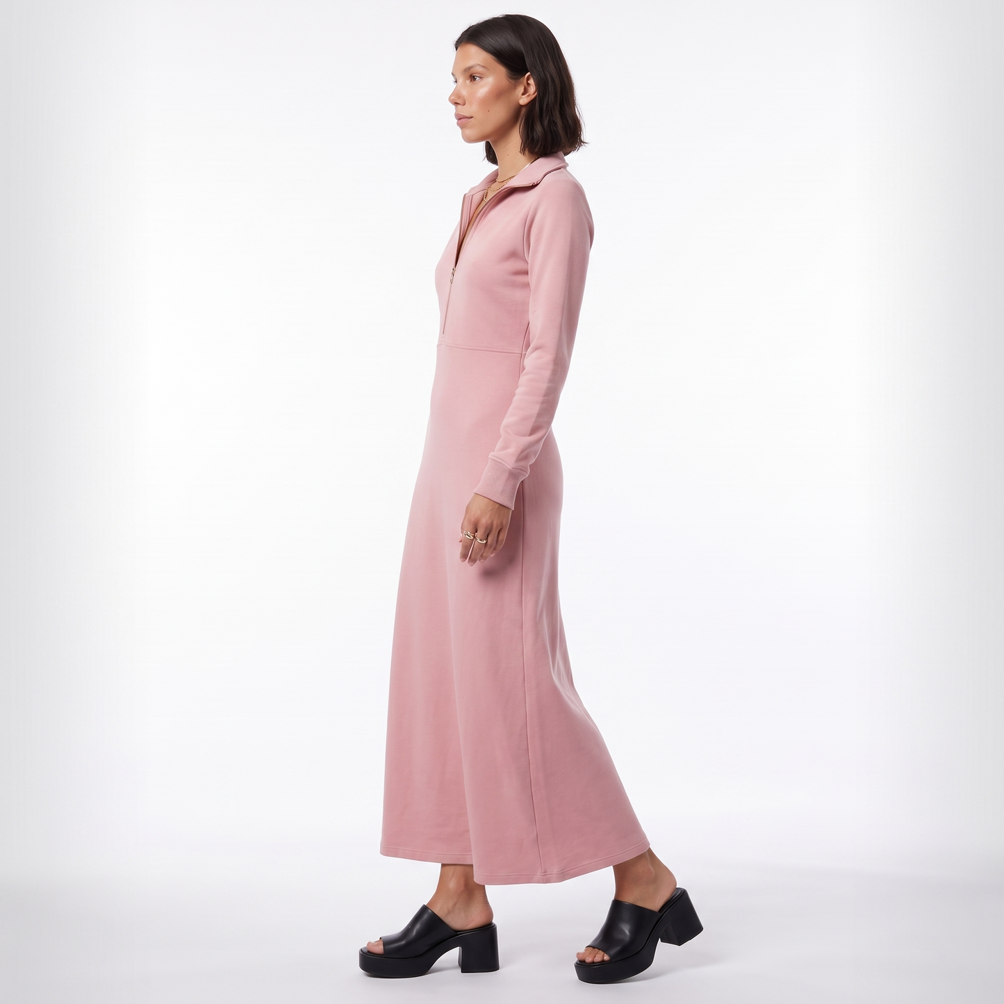 Sunoire long sleeve maxi dress with half zip and stand collar side view 01