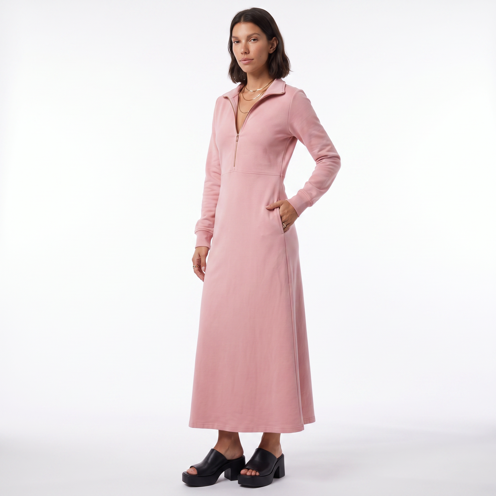 Sunoire long sleeve maxi dress with half zip and stand collar three quarter 01