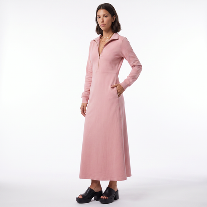 Sunoire long sleeve maxi dress with half zip and stand collar three quarter 01