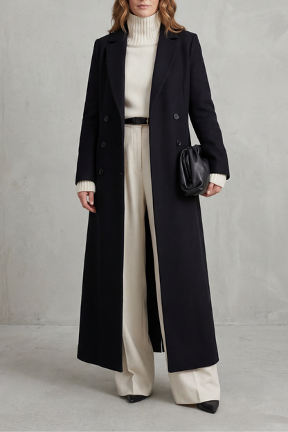 Ingrid | Long Wool Coat Double-Breasted Tailored for Women in Black