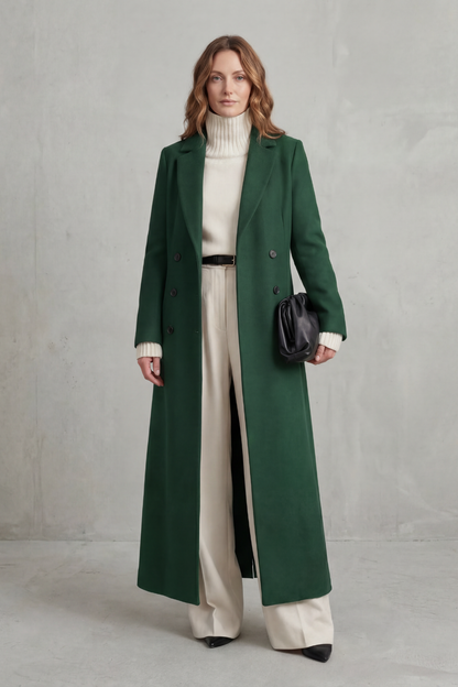 Ingrid | Long Wool Coat Double-Breasted Tailored for Women in Green, another view