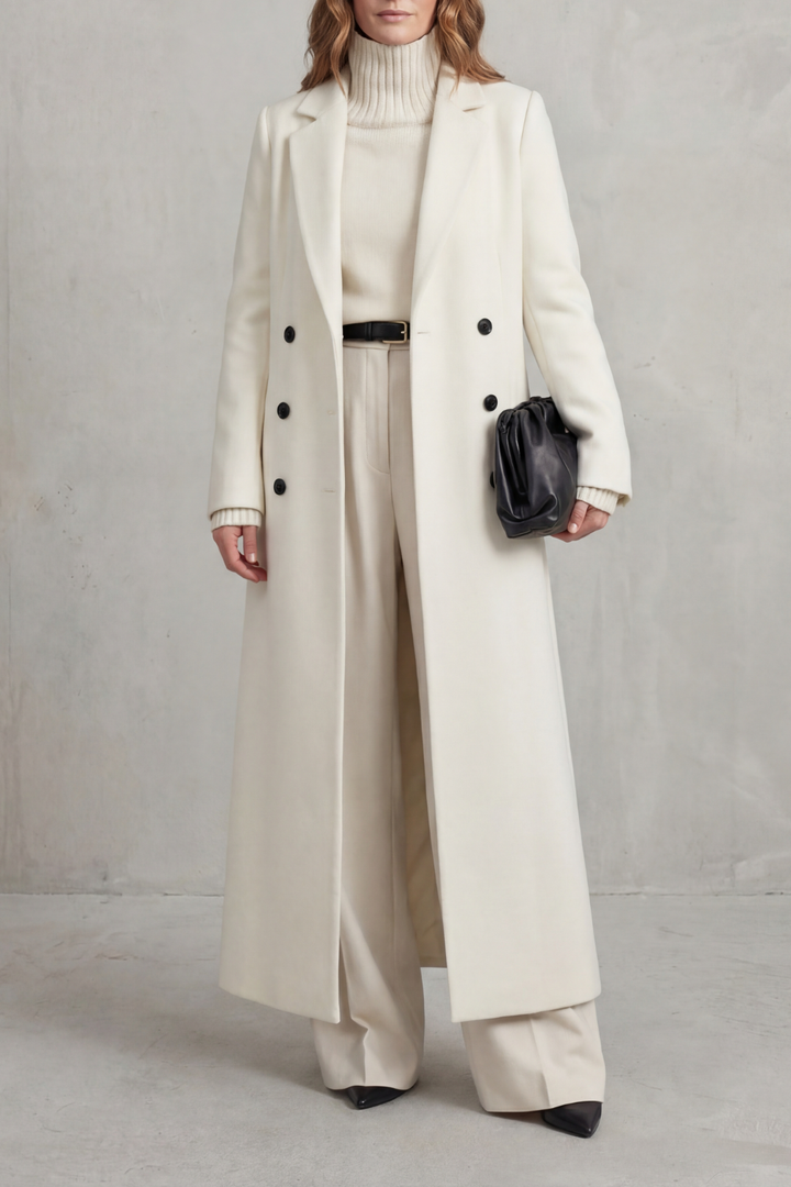 Long Wool Coat Double-Breasted Tailored for Women — White