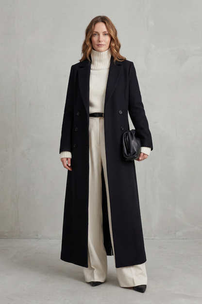 Ingrid | Long Wool Coat Double-Breasted Tailored for Women in Black, another view