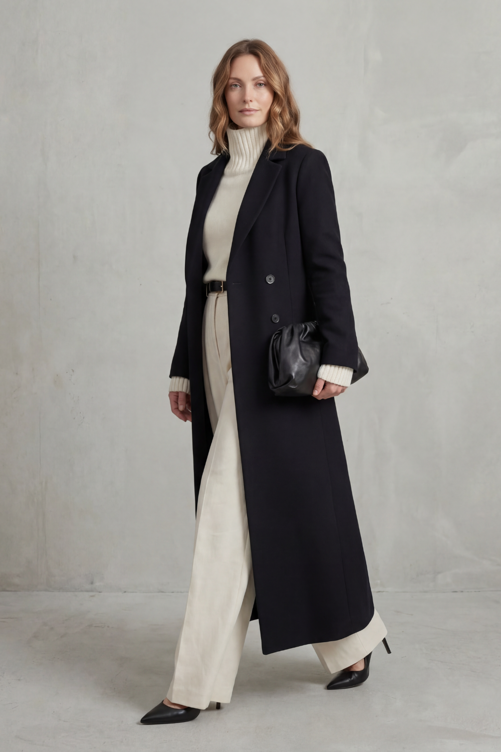 Ingrid | Long Wool Coat Double-Breasted Tailored for Women in Black, another view