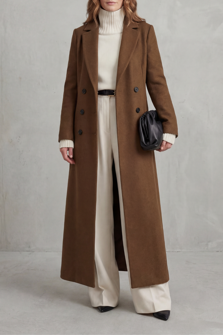Ingrid | Long Wool Coat Double-Breasted Tailored for Women in Brown