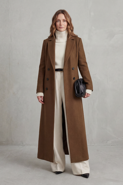 Ingrid | Long Wool Coat Double-Breasted Tailored for Women in Brown, another view