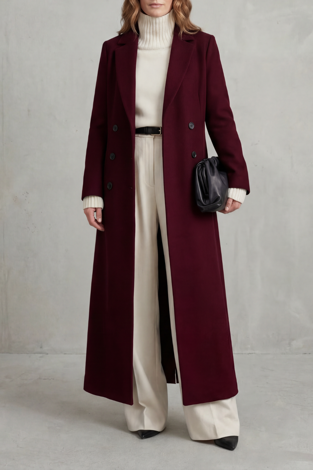 Ingrid | Long Wool Coat Double-Breasted Tailored for Women in Wine red