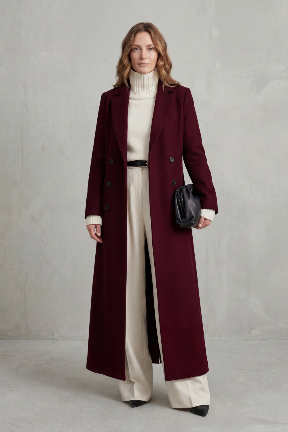 Ingrid | Long Wool Coat Double-Breasted Tailored for Women in Wine red, another view