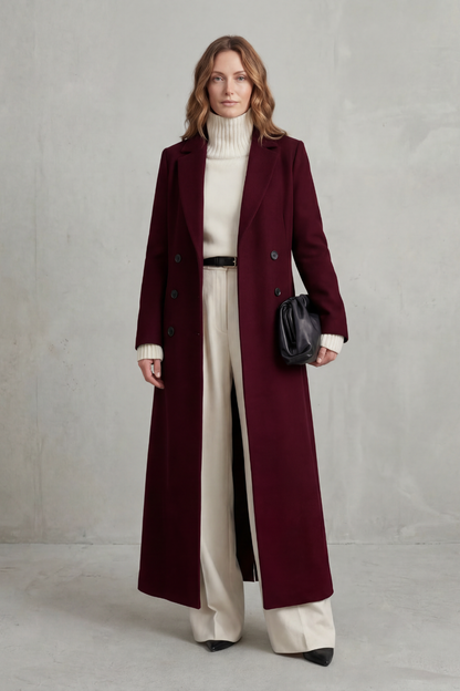 Ingrid | Long Wool Coat Double-Breasted Tailored for Women in Wine red, another view