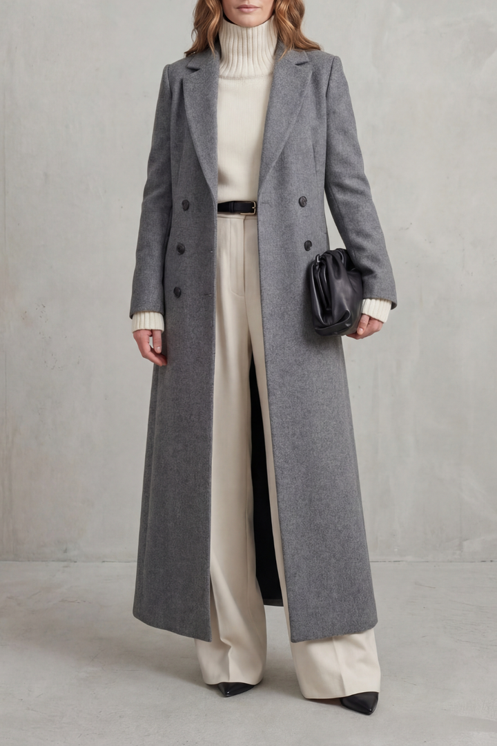 Long Wool Coat Double-Breasted Tailored for Women — Grey