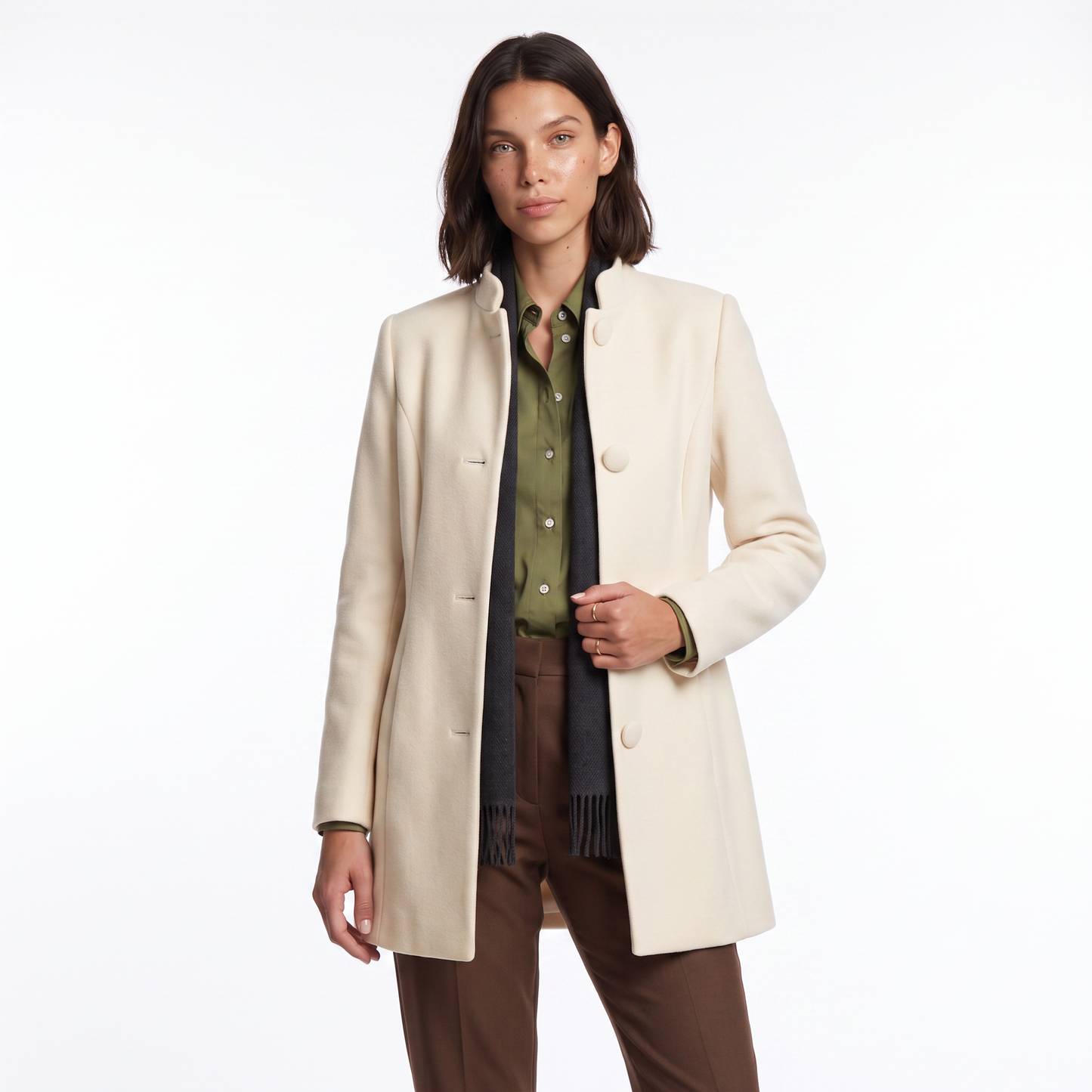 Sunoire lorraine womens button front a line coat stand collar autumn coat colorway cream front crop 01