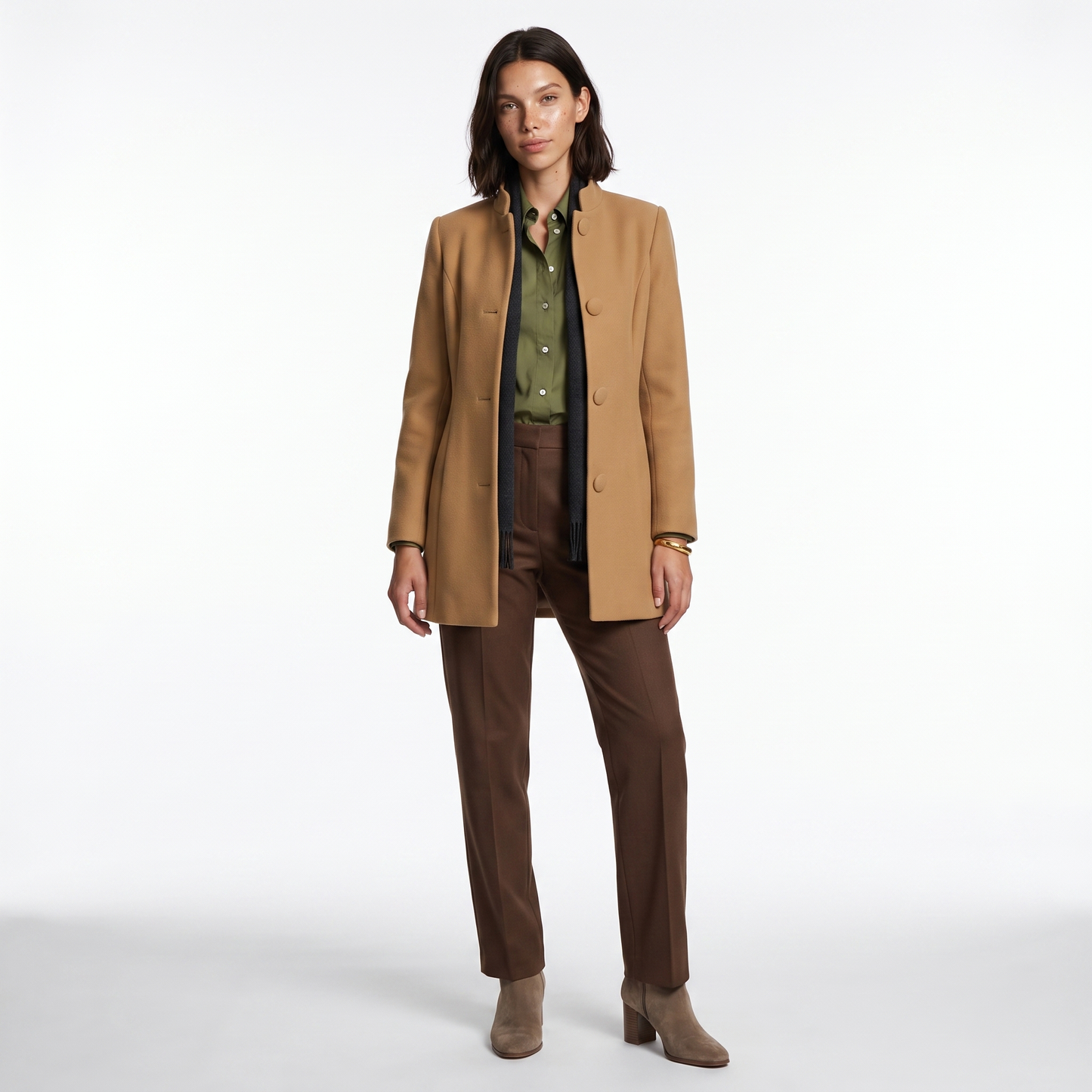 Sunoire lorraine womens button front a line coat stand collar autumn coat front hero 01