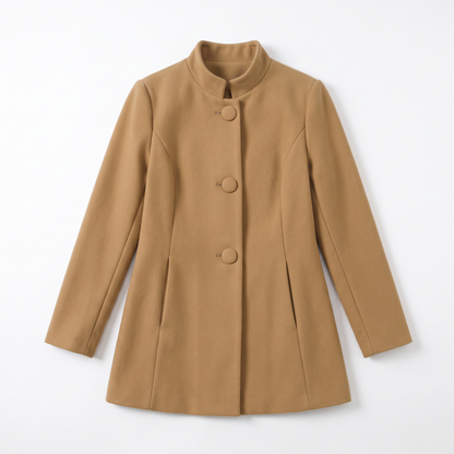 Sunoire lorraine womens button front a line coat stand collar autumn coat garment flatlay 01