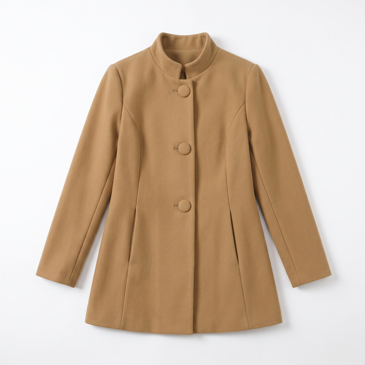 Sunoire lorraine womens button front a line coat stand collar autumn coat garment flatlay 01