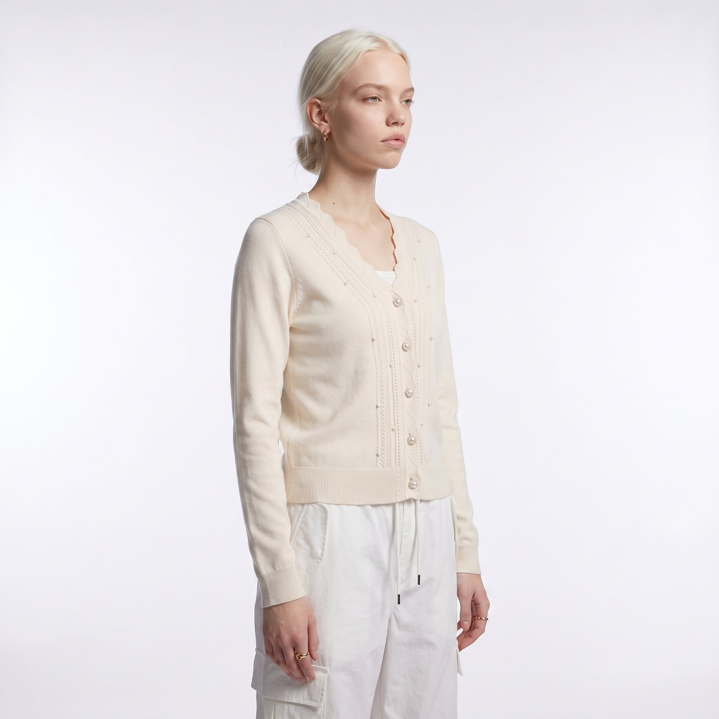 Sunoire luxury beaded knit cardigan with scalloped edge women s long sleeve cream sweater jacket factory price women tops chane style top crop 3q 01