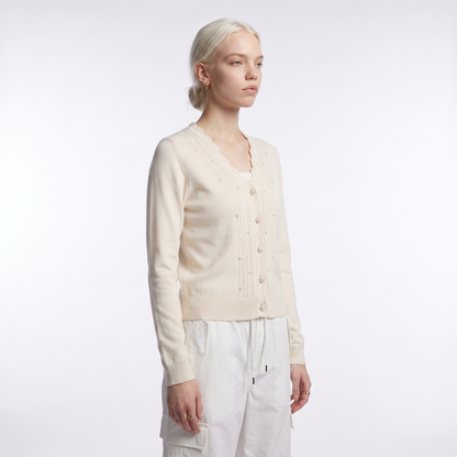 Sunoire luxury beaded knit cardigan with scalloped edge women s long sleeve cream sweater jacket factory price women tops chane style top crop 3q 01