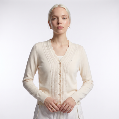 Sunoire luxury beaded knit cardigan with scalloped edge women s long sleeve cream sweater jacket factory price women tops chane style top front crop 01