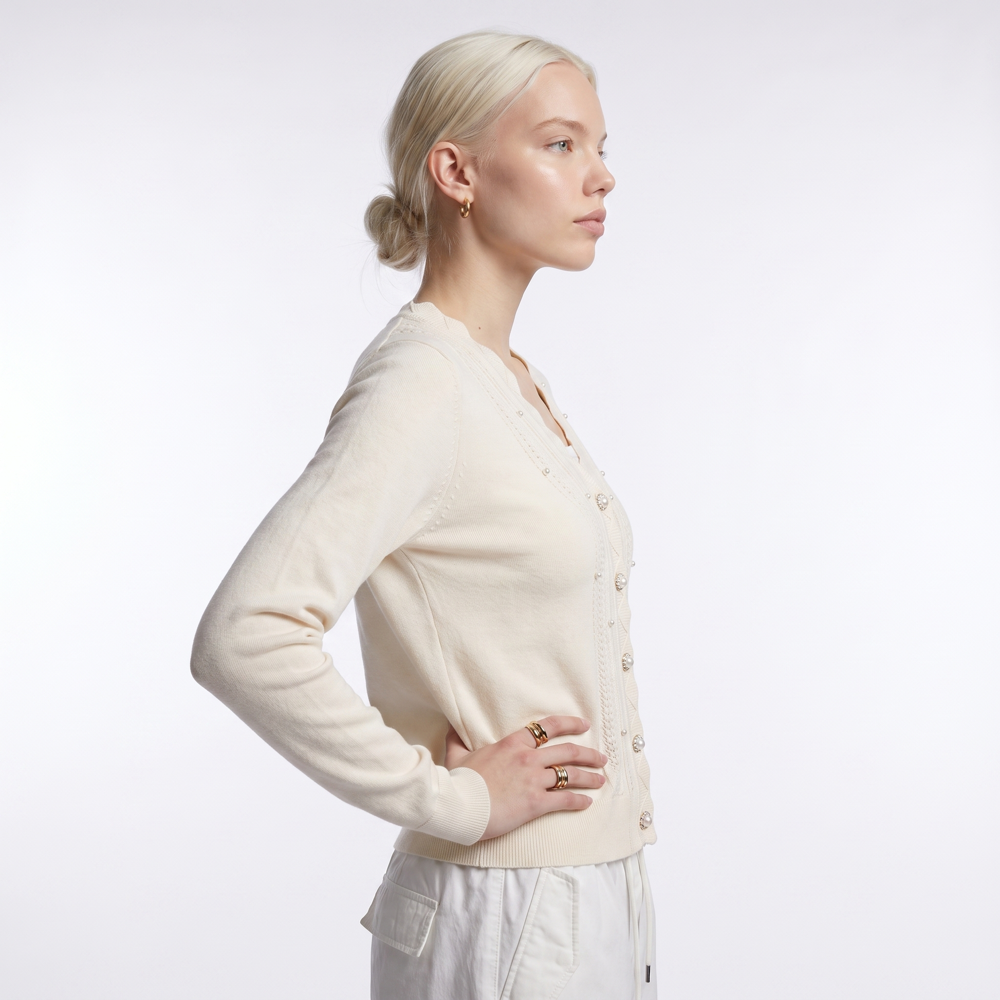 Sunoire luxury beaded knit cardigan with scalloped edge women s long sleeve cream sweater jacket factory price women tops chane style top side crop 01