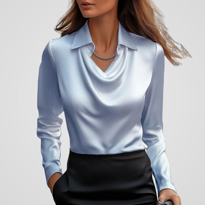 Women’s Elegant Draped Neck Satin Blouse — Blue