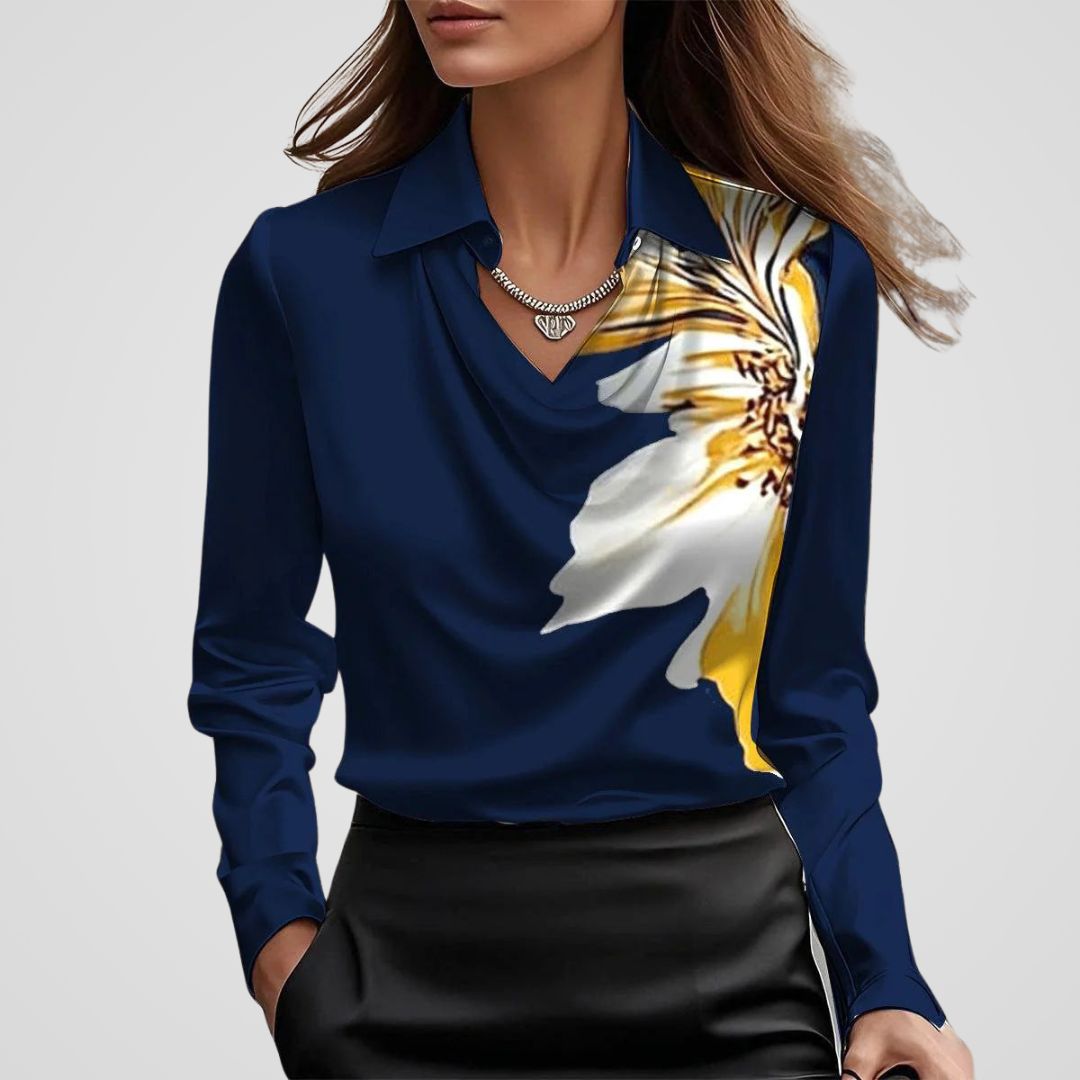 Women’s Elegant Draped Neck Satin Blouse in Dark Blue
