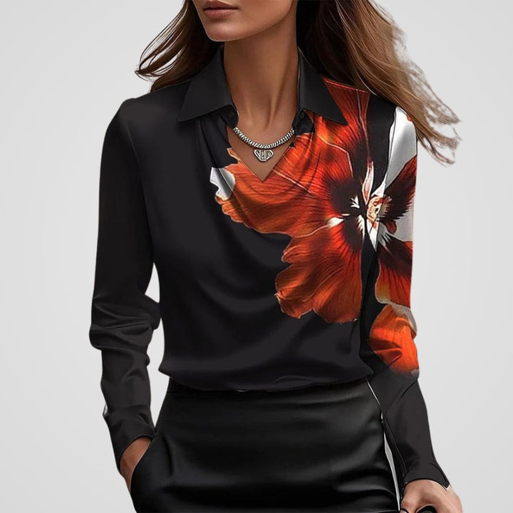 Women’s Elegant Draped Neck Satin Blouse — Black Print