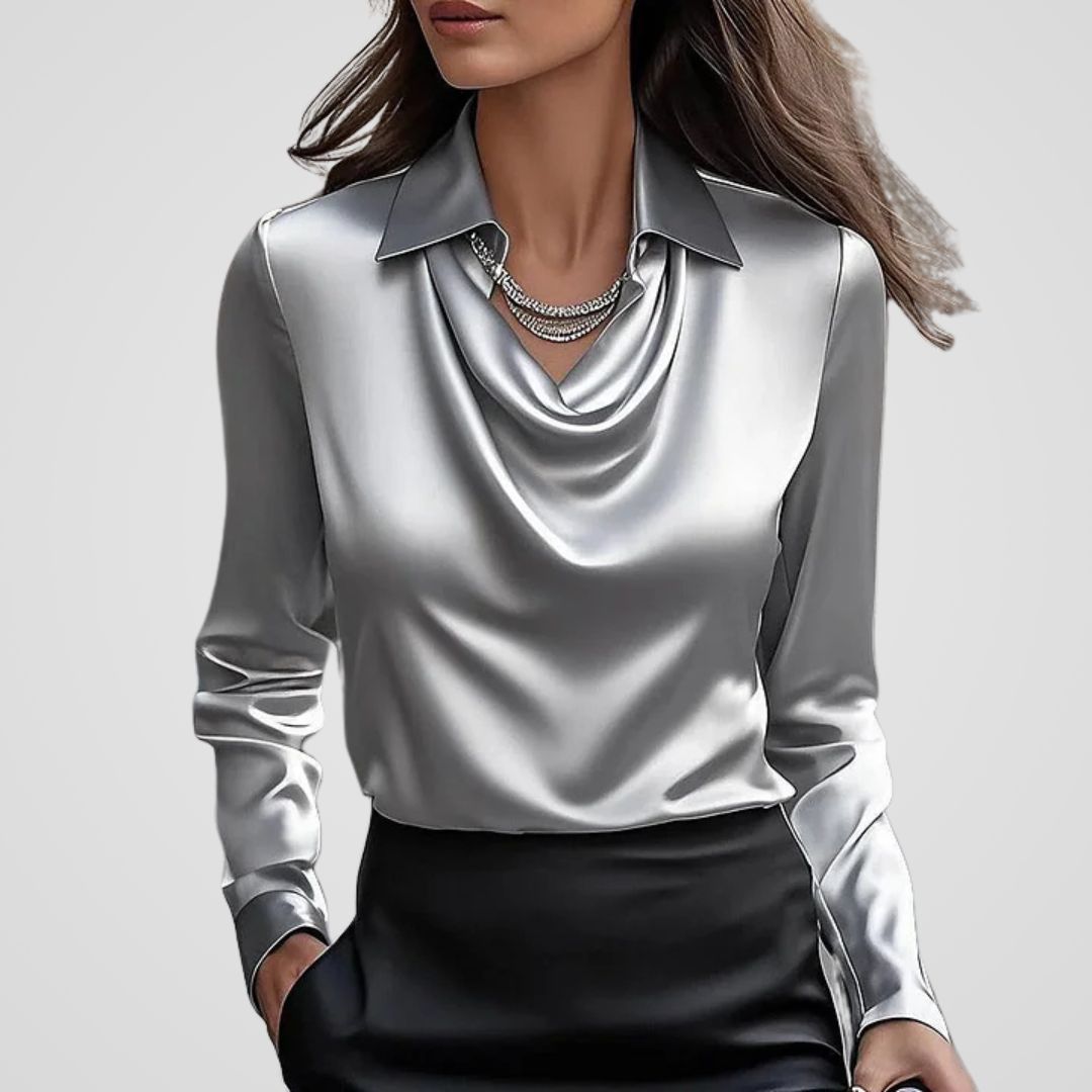 Women’s Elegant Draped Neck Satin Blouse in Black Print, another view