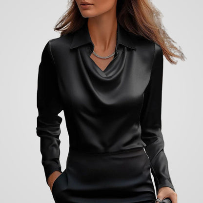 Women’s Elegant Draped Neck Satin Blouse in Black Print, another view