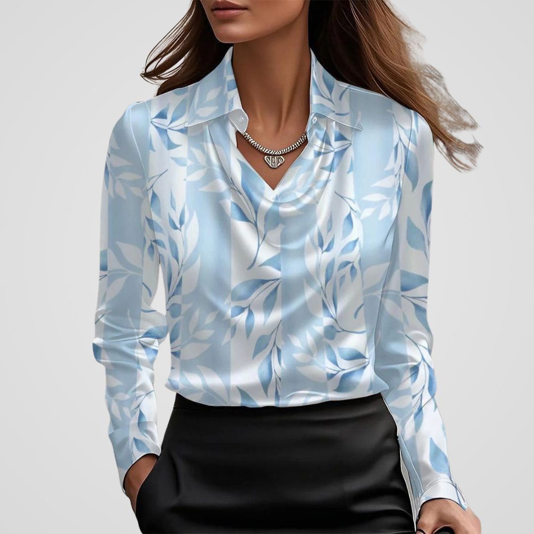 Women’s Elegant Draped Neck Satin Blouse in Black Print, another view
