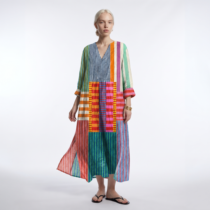 Stripe Linen V-Neck Maxi Dress
