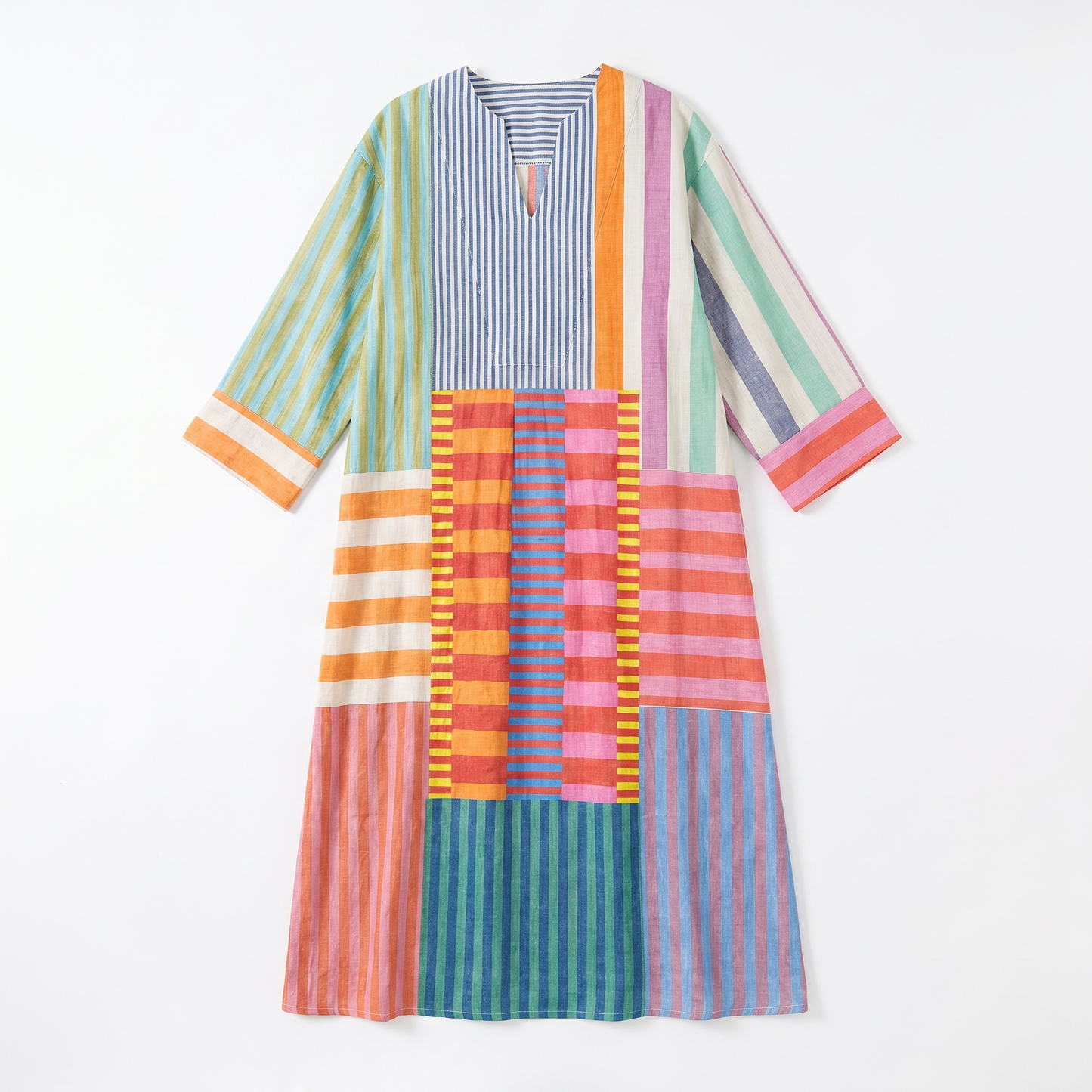 Sunoire maren womens colorblock patchwork stripe oversized maxi dress garment flatlay 01