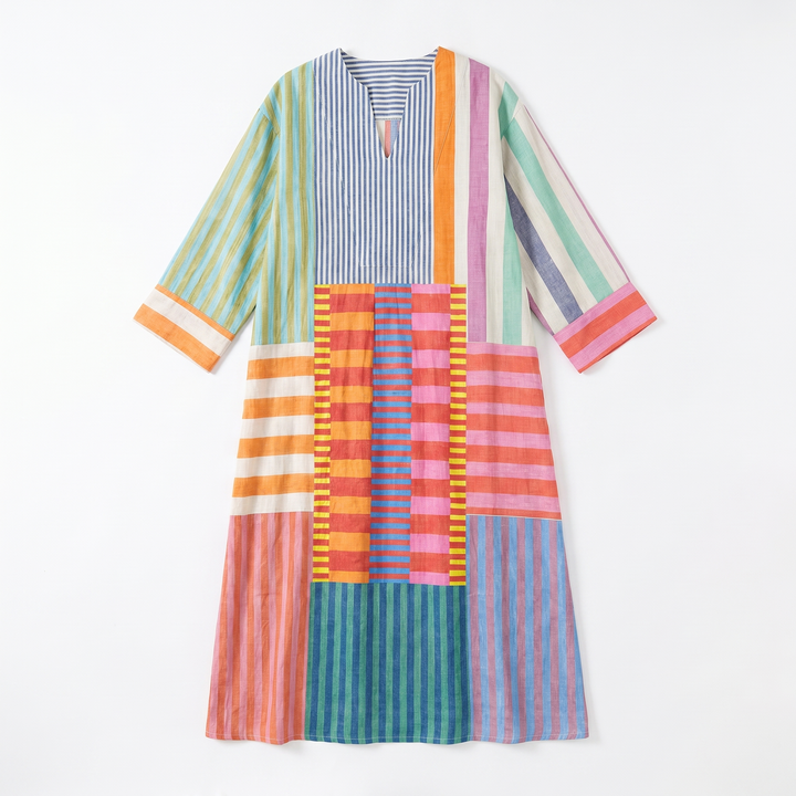 Sunoire maren womens colorblock patchwork stripe oversized maxi dress garment flatlay 01