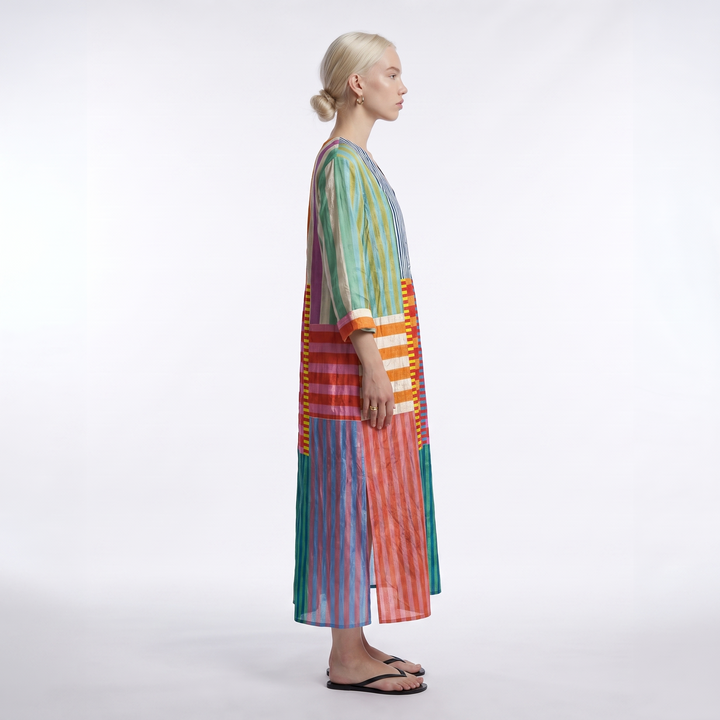 Sunoire maren womens colorblock patchwork stripe oversized maxi dress side view 01