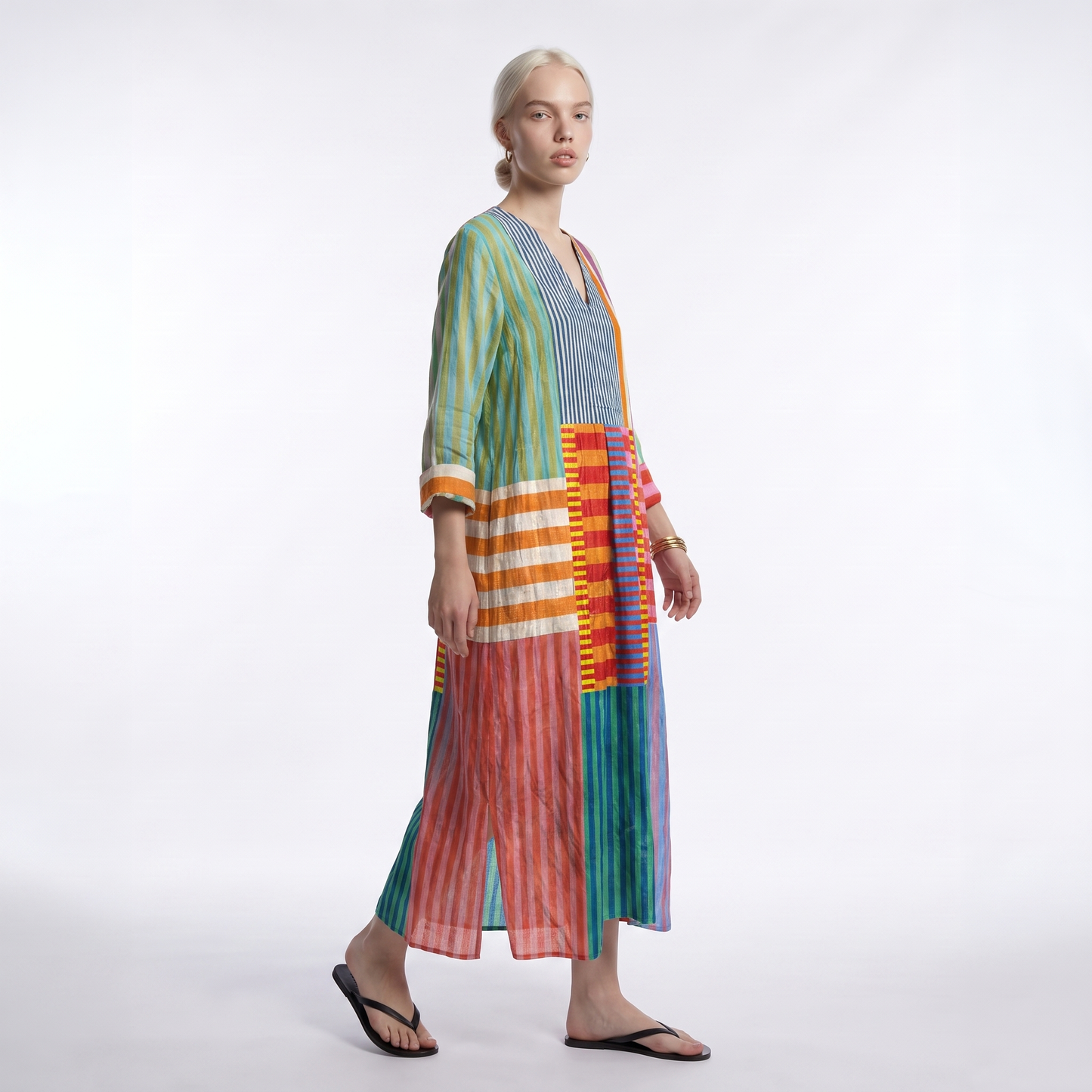 Sunoire maren womens colorblock patchwork stripe oversized maxi dress three quarter 01