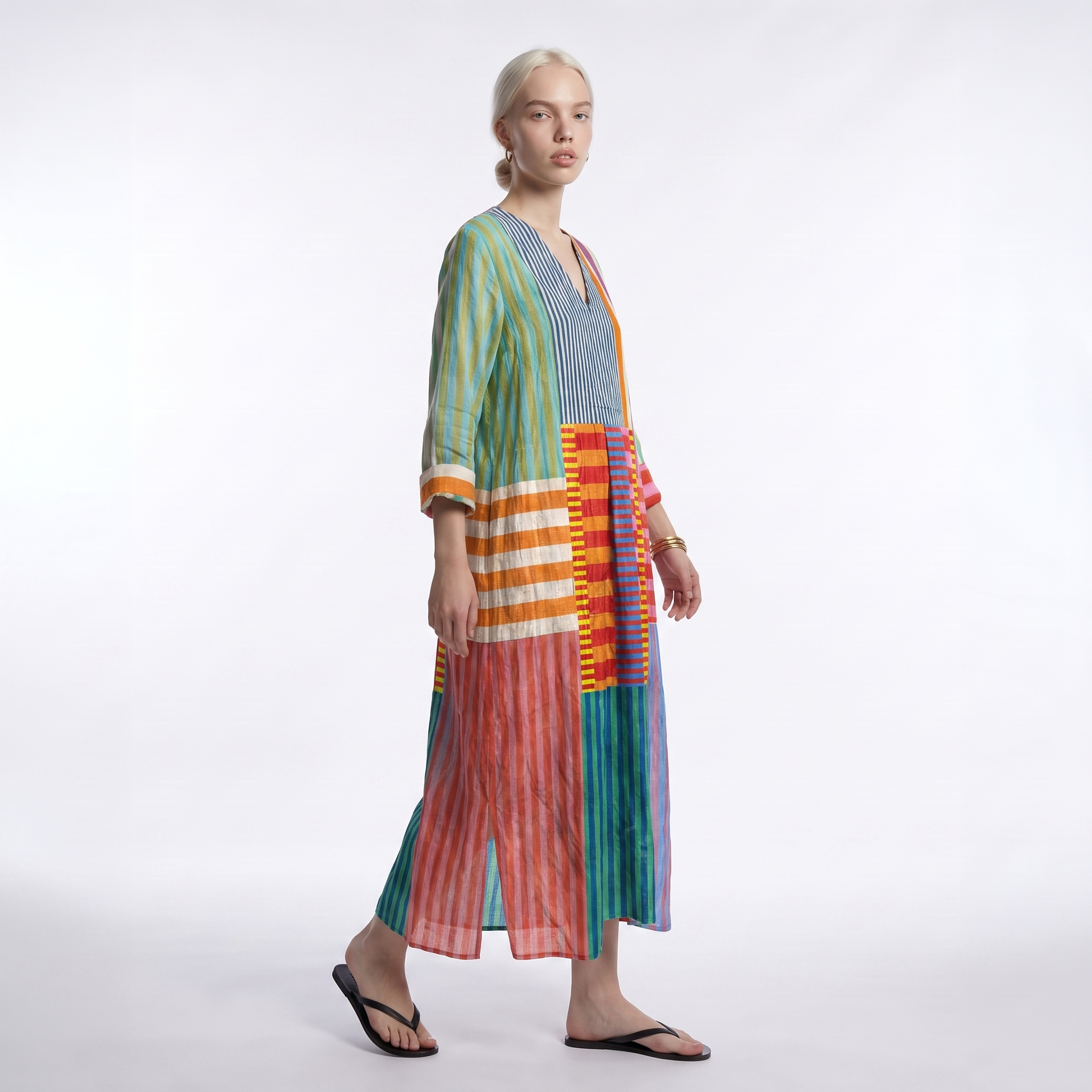 Sunoire maren womens colorblock patchwork stripe oversized maxi dress three quarter 01