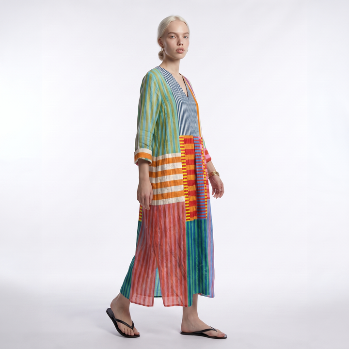 Sunoire maren womens colorblock patchwork stripe oversized maxi dress three quarter 01