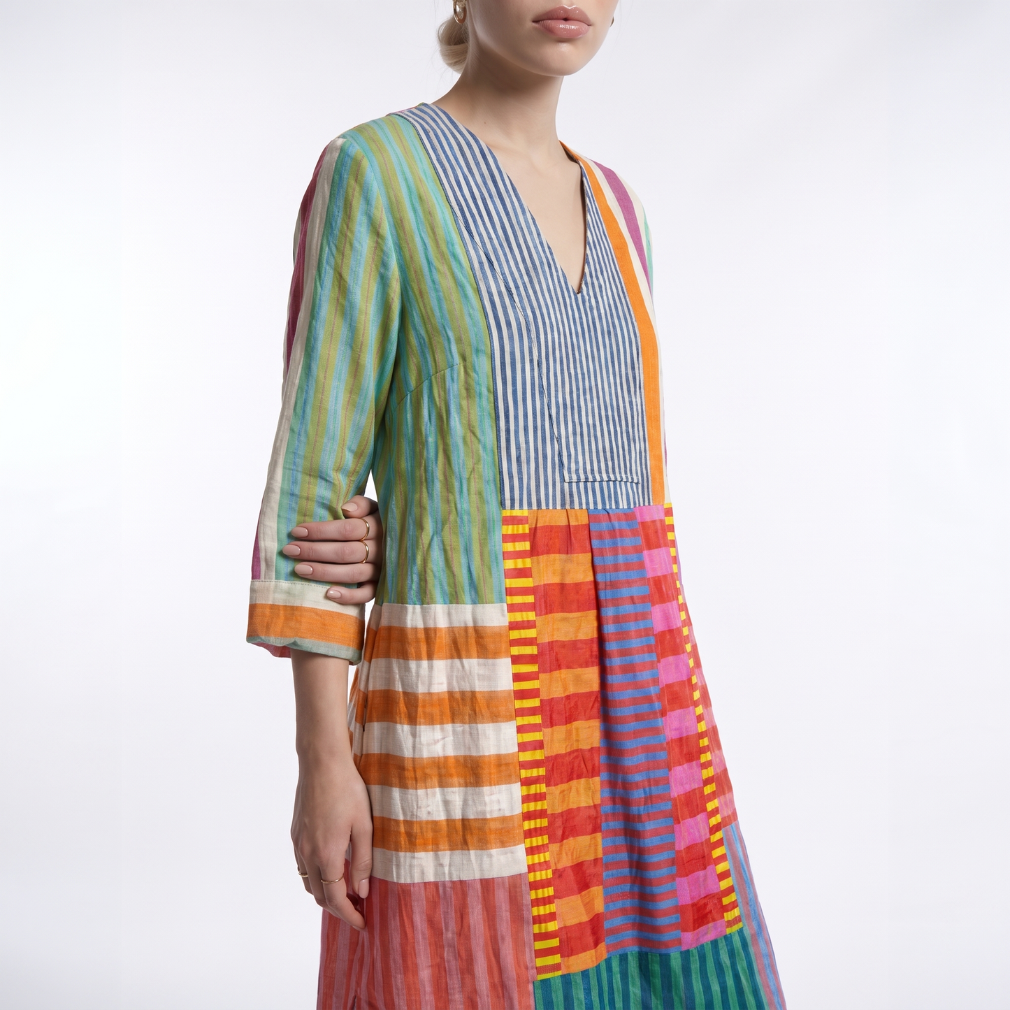 Sunoire maren womens colorblock patchwork stripe oversized maxi dress torso crop 01