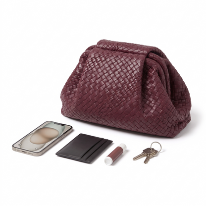 Woven Faux Leather Slouchy Clutch, what fits inside